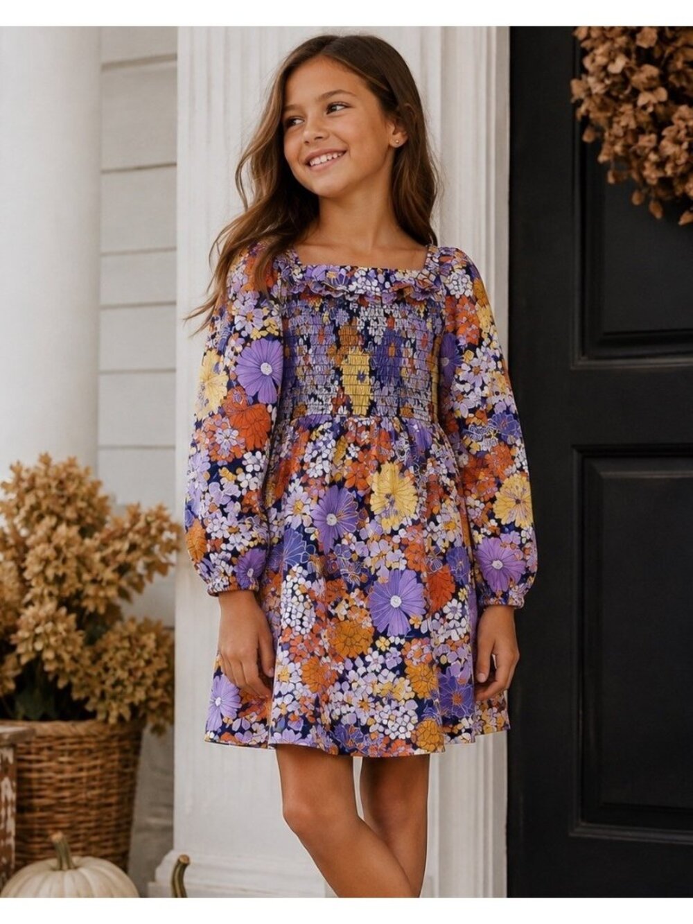 Crewcuts J Crew Girls Smocked Ruffle Dress Sz 10 Purple Dark Evening Floral